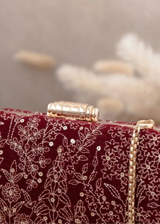 Thea velvet embroidered clutch - maroon