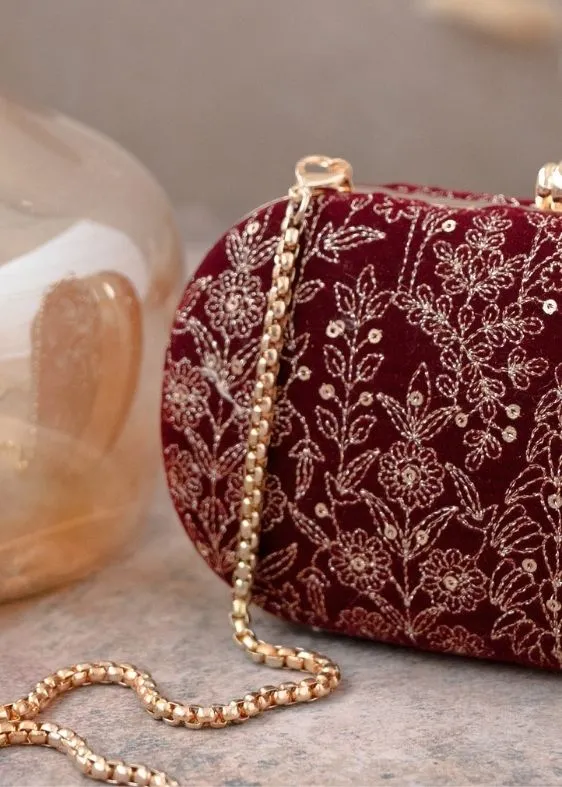 Thea velvet embroidered clutch - maroon