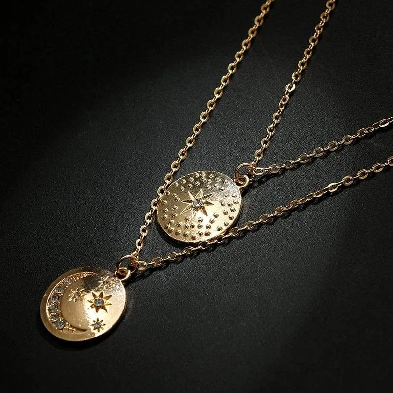 Tocona Vintage Antique Gold Star Moon Pendant Chokers Necklaces Multi Layer Charm Necklace Collar Boho Jewelry 6176 (gold)