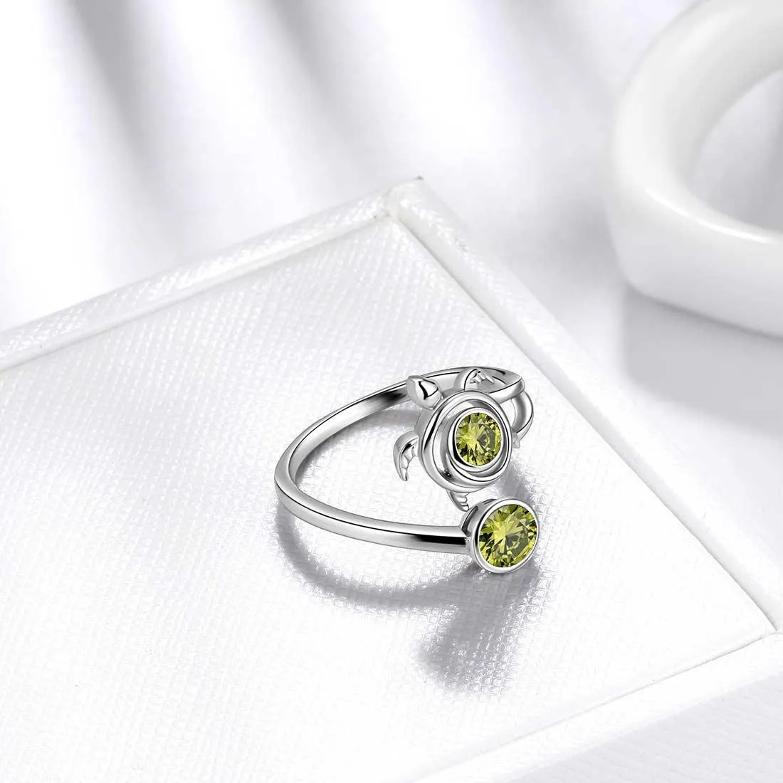 Turtle Birthstone August Peridot Ring Women Girls Jewelry Birthday Gift Sterling Silver