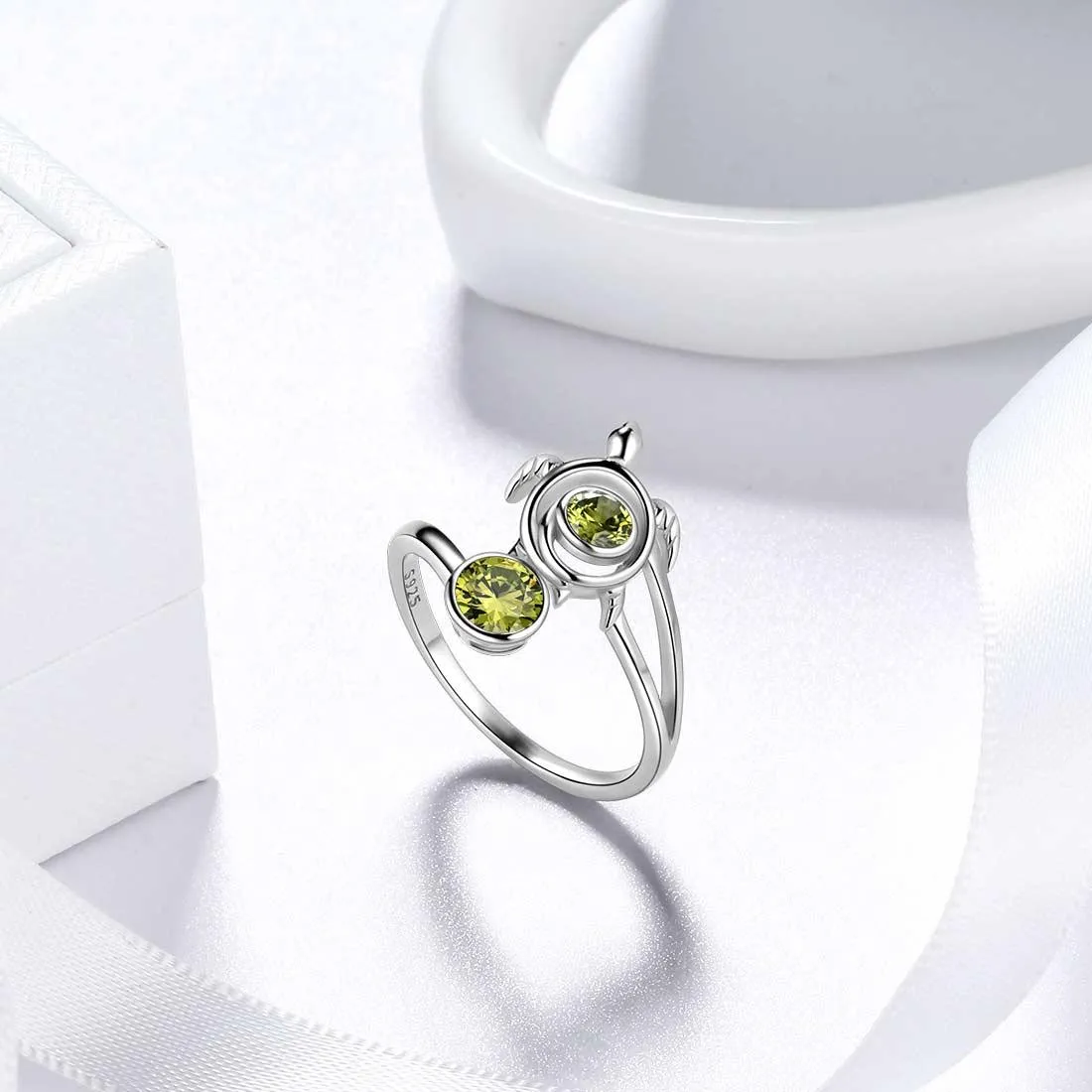 Turtle Birthstone August Peridot Ring Women Girls Jewelry Birthday Gift Sterling Silver