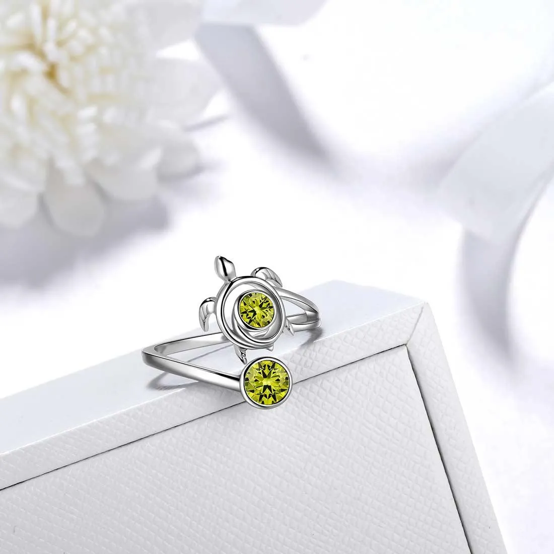 Turtle Birthstone August Peridot Ring Women Girls Jewelry Birthday Gift Sterling Silver