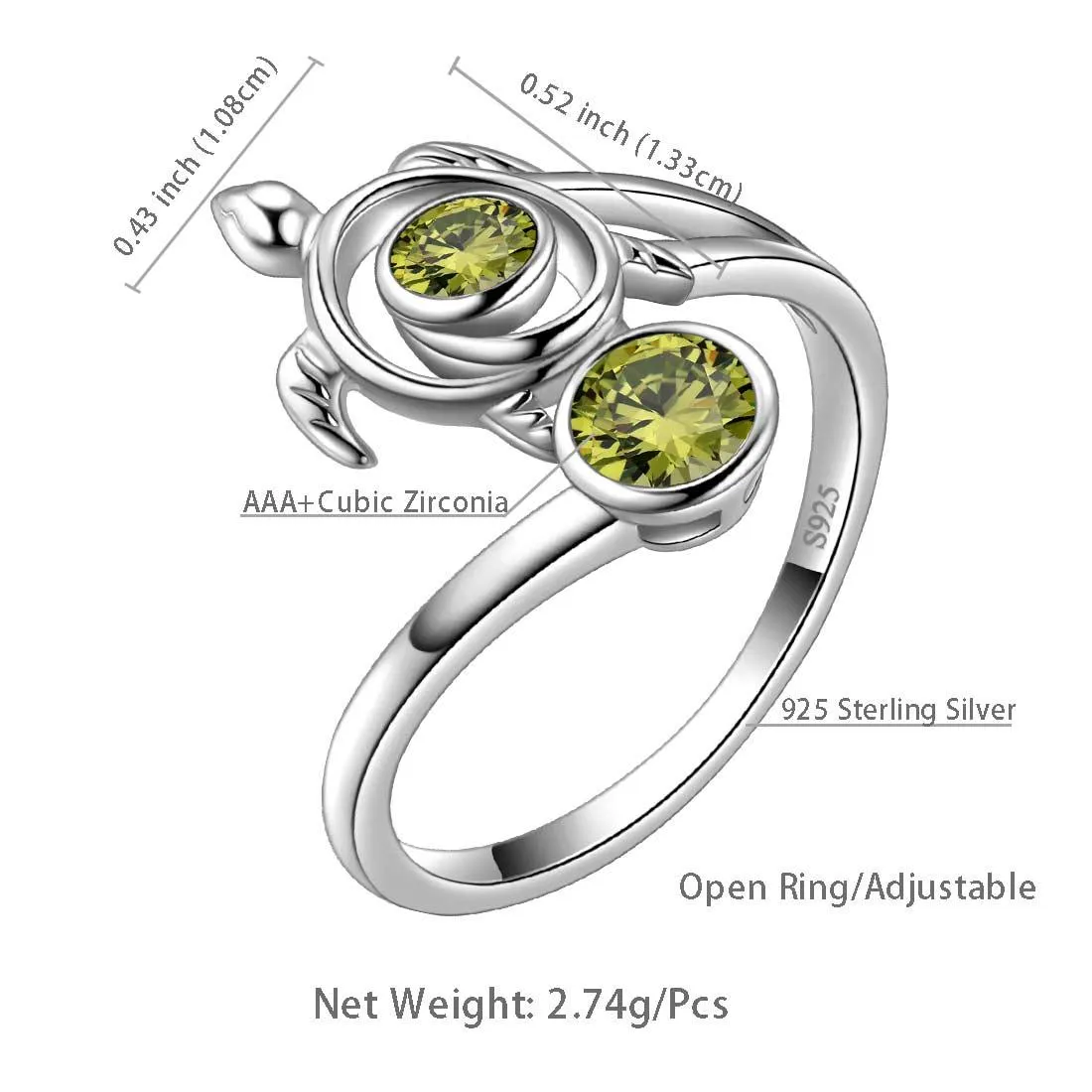 Turtle Birthstone August Peridot Ring Women Girls Jewelry Birthday Gift Sterling Silver