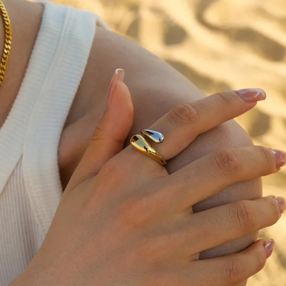 VAIGE 18K Gold Plated Stainless Steel Adjustable Colorblock Cross Cut Ring - Trendy Geometric Wedding Band