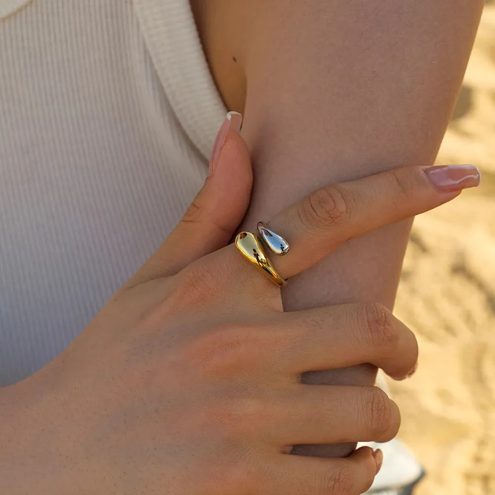 VAIGE 18K Gold Plated Stainless Steel Adjustable Colorblock Cross Cut Ring - Trendy Geometric Wedding Band
