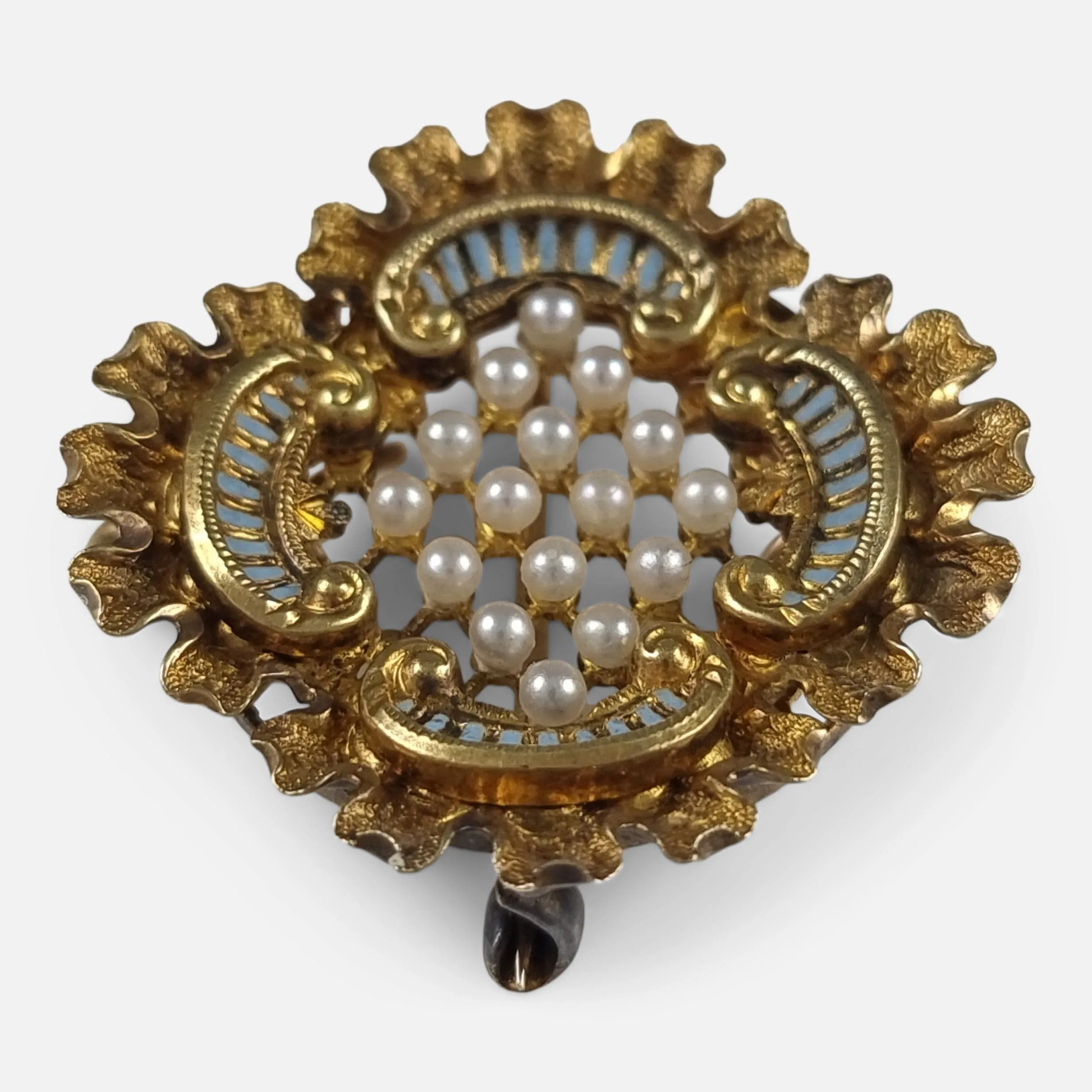 Victorian 18ct Gold Seed Pearl and Enamel Pendant Brooch