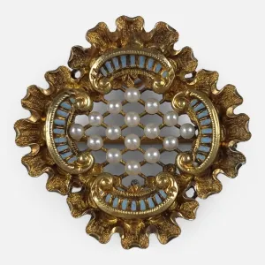 Victorian 18ct Gold Seed Pearl and Enamel Pendant Brooch