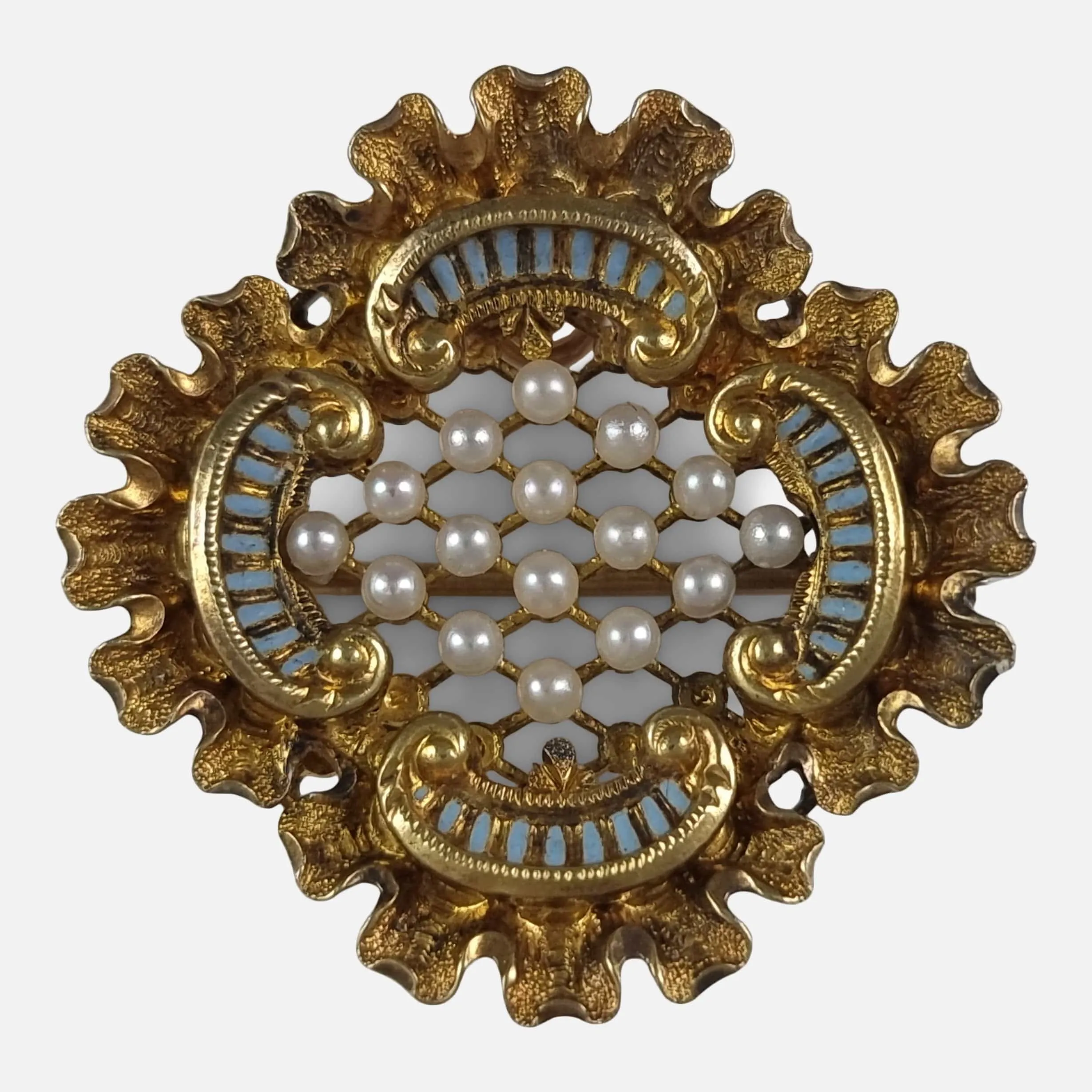 Victorian 18ct Gold Seed Pearl and Enamel Pendant Brooch