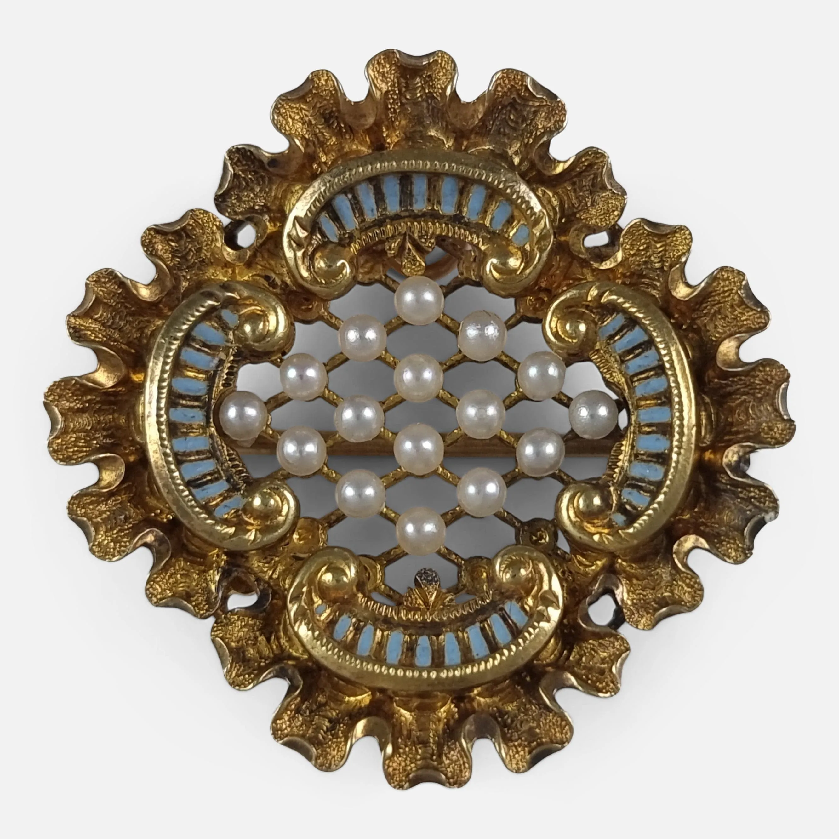 Victorian 18ct Gold Seed Pearl and Enamel Pendant Brooch
