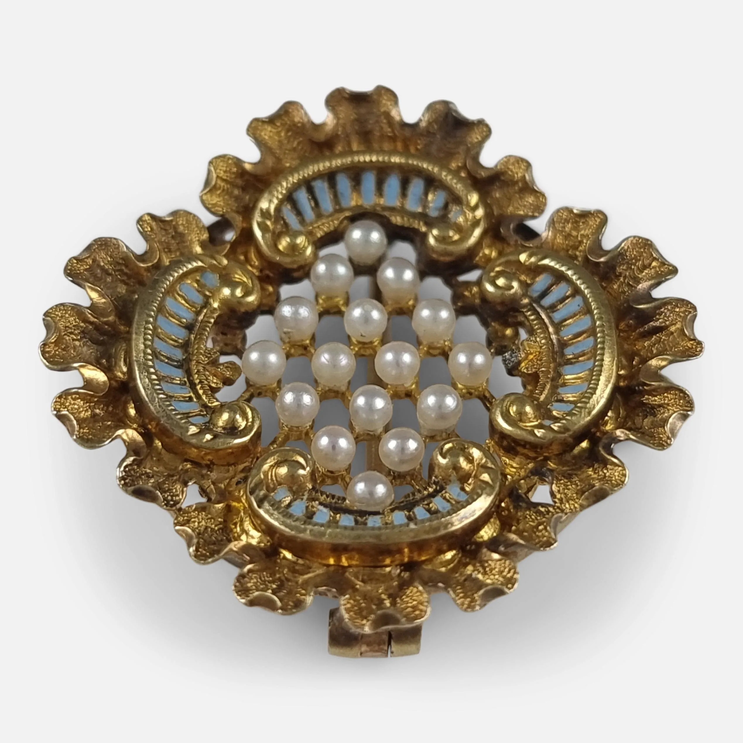 Victorian 18ct Gold Seed Pearl and Enamel Pendant Brooch