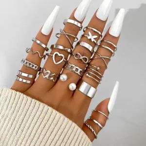 Vintage Hollow Heart Butterfly Rings Set For Women Metal Silver Color Geometric Spiral Shape Ring 22pcs Set 2022 Trendy Jewelry