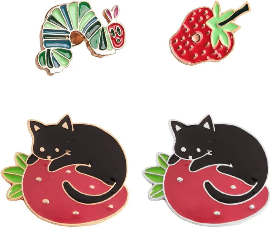 Wixine 4Pcs Strawberry Caterpillar Enamel Pin Cartoon and Fruit Cat Pins Black Cat Brooches for Women
