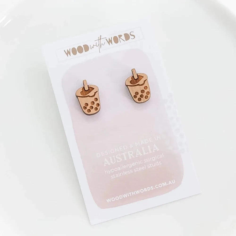 Wood With Words: Wooden Stud Earrings Bubble Tea